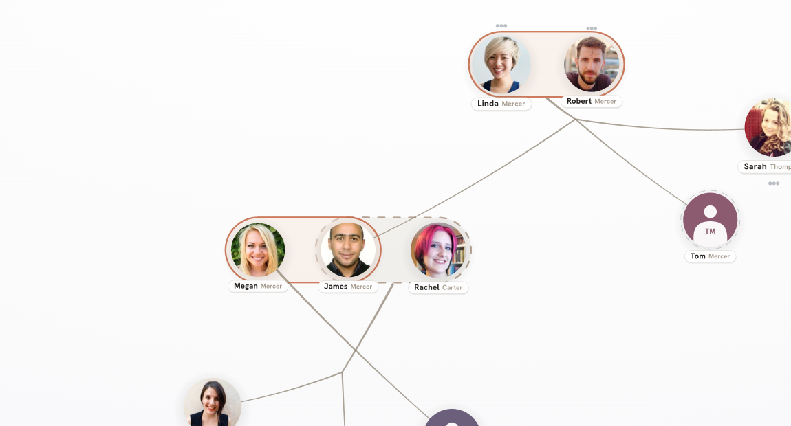 A Bloodline family tree with photos and connecting lines between relatives