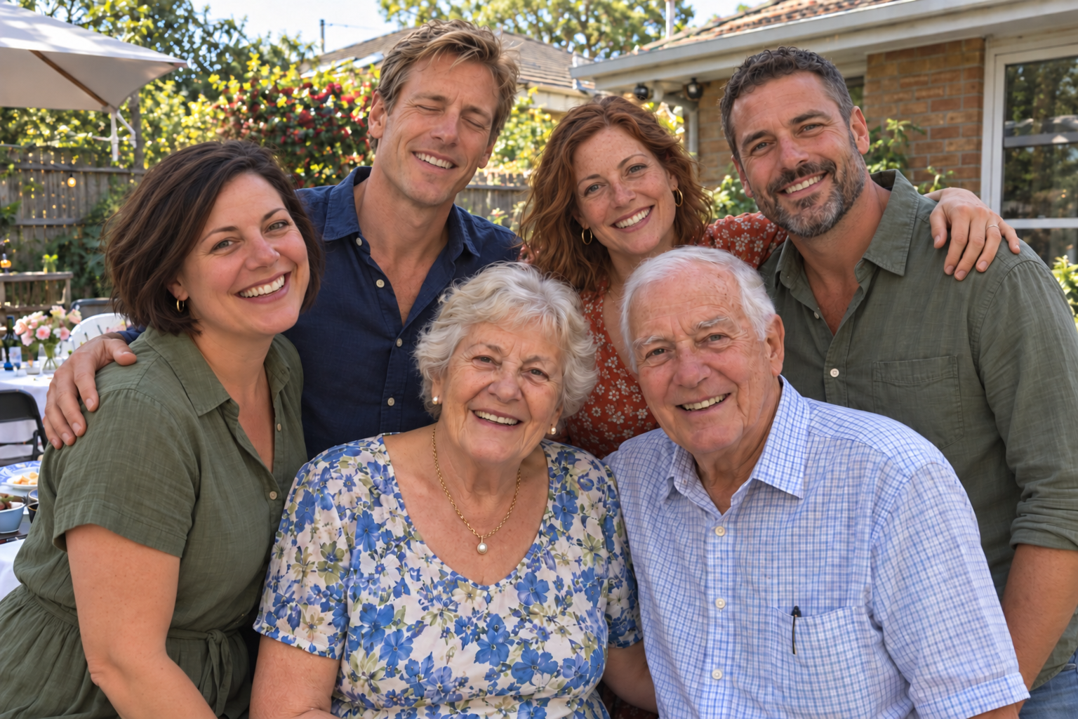 A fictional family gathered for an anniversary