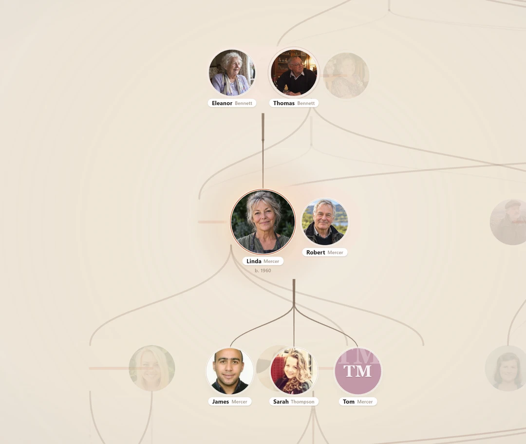 Bloodline’s actual Atlas view showing Linda Mercer’s fictional demo family